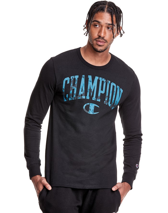 Champion Herre T-Shirts Sort - Heritage Long Sleeve Galaxy Dye Arch Logo - Danmark XOS-631724